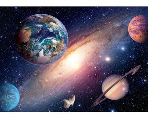 Fotobehang van het universum met allemaal planeten en sterren.