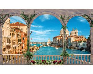 Fotobehang van het Canal Grande in Venetië, gezien vanaf een balkon in 3D-perspectief.
