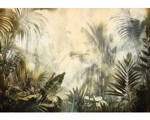 Fotobehang met een dichtbegroeide jungle vol tropische planten, waardoor een verborgen pad loopt.