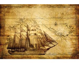 Vintage schip fotobehang, met een kaart van de zee en een antieke weergave van een schip op avontuur.