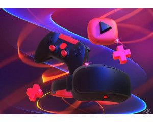 Fotobehang met neon roze en paarse kleuren waarop een gamecontroller en een VR-bril te zien zijn in een futuristische setting.