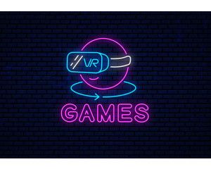 Fotobehang Virtual Reality Games Neon met futuristische VR-headset en felgekleurde neonletters op donkere baksteenachtergrond.