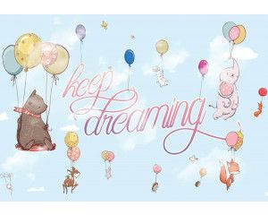 Fotobehang van vliegende dieren, ballonnen met olifant, beer en konijn, voor kinderkamers.