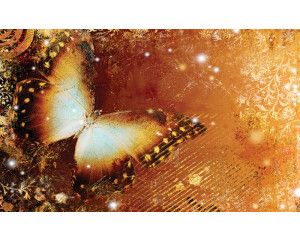 Fotobehang van een abstracte vlinder in een vintage kunststijl, met levendige kleuren en details.