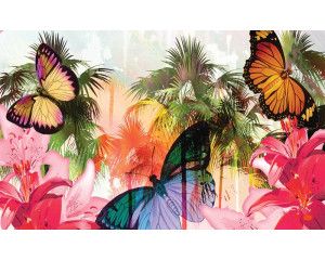 Fotobehang van een vlinder in een jungle-omgeving, in een abstract tropisch ontwerp.