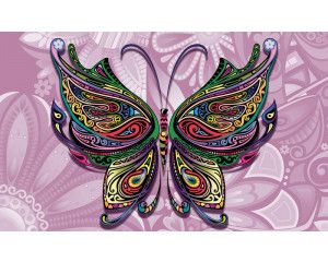 Fotobehang van een vlinder in abstracte kunststijl, kleurrijk en sierlijk.