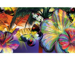 Kleurrijke vlinder op een abstract schilderij met levendige bloemen, fotobehang dat een kunstzinnige sfeer oproept.