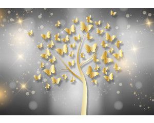 Vlinders en een boom, sprankelend weergegeven in een abstract en kunstzinnig fotobehang.