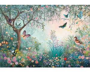 Fotobehang met kleurrijke bloemen en sierlijke vlinders in een levendige vlindertuin.