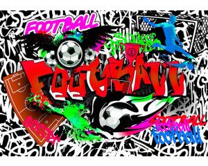 Energieke graffiti-muurschildering met voetbalthema op een betonnen muur, vol levendige kleuren en beweging.