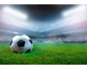 Een stadion vol actie met een voetbalveld en spelende kinderen in de schijnwerpers.