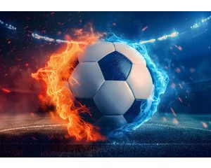 Fotobehang van een voetbal in een vurige duel met vlammen, perfect voor sportliefhebbers.
