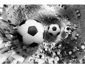 Fotobehang met een zilveren tunnel en puzzelvormen waarin voetballen zijn afgebeeld.