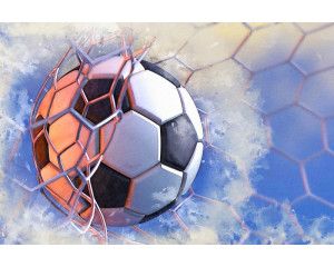 Fotobehang van een schilderij waarin een voetbal het doelpunt maakt, met het moment van scoren centraal in beeld.