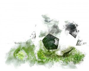 Fotobehang van een schildering met een voetbal, artistiek weergegeven in een abstracte stijl met levendige kleuren.