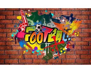 Straatkunst met graffiti-stijl voetbalspelers, energieke composities op een achtergrond van stedelijke elementen.