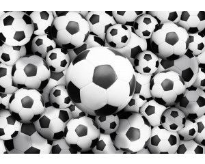 Voetballen in een 3D-effect afgebeeld op een fotobehang voor kinderen.