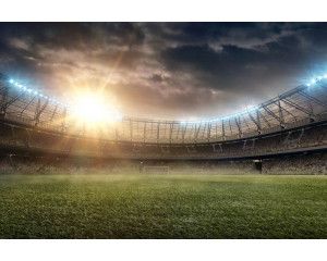 3D-fotobehang van een voetbalstadion met een bal die dynamisch door de lucht beweegt, gericht op het doel.