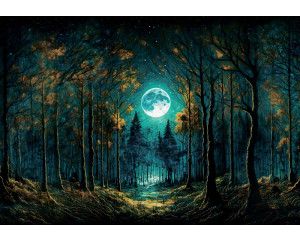 Volle maan schijnt door een sprookjesbos op dit kinderbehang, met een magische sfeer van nachtelijke avonturen.