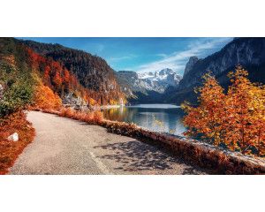 Fotobehang van de Vorderer Gosausee in Oostenrijk, met bergen en een helder meer omgeven door natuur.