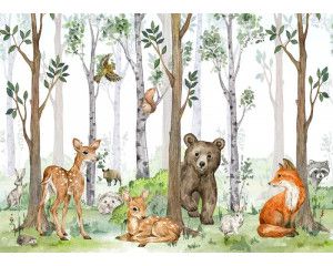 Fotobehang met vrolijke bosdieren zoals een beer, hertjes en een vos in een speelse setting, perfect voor een vriendelijke en levendige uitstraling.