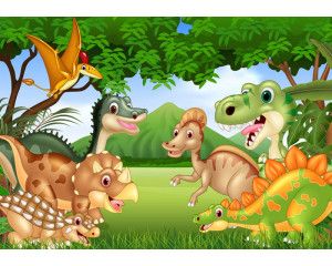 Vrolijke dinosaurussen spelen in een bosrijke jungleomgeving, speciaal ontworpen voor kinderkamers, op dit fotobehang.