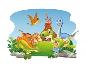 Dinosaurussen voor een actieve vulkaan, omringd door prehistorische natuur, afgebeeld op een vrolijk fotobehang.