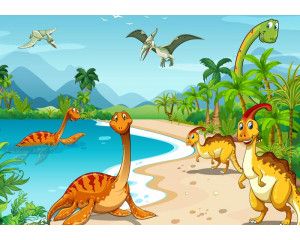 Vrolijke dinosaurussen spelen in het water, omringd door natuur, op dit speelse fotobehang.