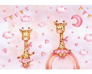Vrolijke giraffen zweven in de wolken onder een regenboog, weergegeven op een speels fotobehang voor kinderen.
