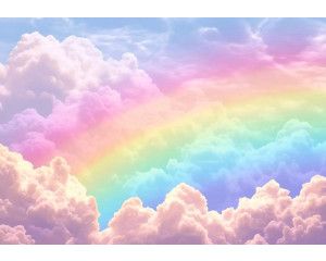 Fotobehang met een kleurrijke regenboog die straalt tussen roze wolken in een fantasierijke hemel.
