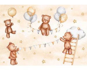 Fotobehang met vrolijke teddyberen, zwevend tussen de wolken en sterren, ontworpen voor kinderkamers.