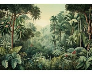Een fotobehang met een watercolor jungle, waarin tropische bladeren en exotische planten in zachte aquareltinten zorgen voor een artistieke en natuurlijke uitstraling.