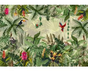 Fotobehang met dieren omringd door tropische planten, perfect voor een botanische sfeer.