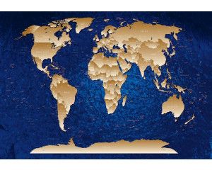 Wereldkaart in goud en blauw, fotobehang met een luxueuze en abstracte uitstraling van landen en steden.