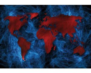 Fotobehang van een rode en blauwe wereldkaart in schilderstijl, abstracte kunst.