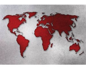 Wereldkaart op betonmuur, rood en grijs abstract weergegeven voor een moderne en stedelijke sfeer.