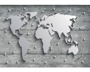 Fotobehang met een wereldkaart van metaal en beton, abstract zilverkleurig ontwerp.