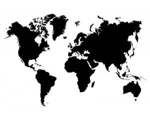 Zwart-wit wereldkaart, fotobehang met abstracte landen en steden voor een moderne en minimalistische ruimte.