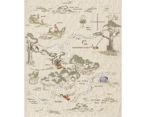 Winnie the Pooh Map fotobehang met een speelse plattegrond van het Honderd Bunderbos, waarin locaties zoals het huis van Poeh en Knorretje getoond worden.