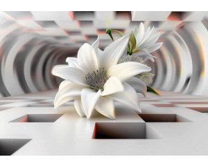 Fotobehang met witte bloemen die uitkomen in een 3D tunnel met dieptewerking en lichtgrijze accenten.