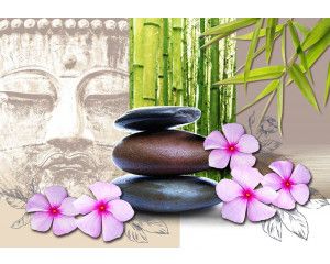 Fotobehang met een serene Boeddha, omgeven door stenen en bloemen.