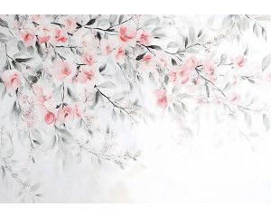Fotobehang met zachte bloesemtakken in aquarelstijl in roze en pastelkleuren op een lichte achtergrond.