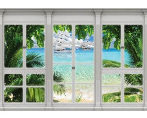 Fotobehang met zeezicht en boten door een raam, weergegeven in 3D-perspectief.