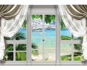 Tropisch palmbomenuitzicht met zeezicht door een raam met 3D-effect op fotobehang.