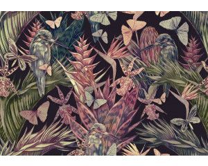 Fotobehang met zomerse tuin vol vlinders en vogels in kleurrijke natuur.