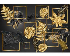 Fotobehang van zwart en gouden bladerenpracht, weergegeven in een abstract kunstontwerp.