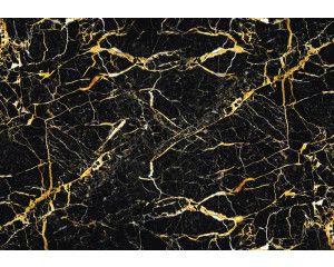 Zwart met goud fotobehang, marmer en luxe industriële uitstraling.