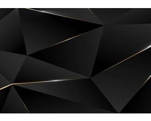 Zwart 3D fotobehang met geometrische driehoeken en gouden randen, abstracte vormen.