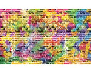 Graffiti muur fotobehang met kleurrijke muurschildering en bakstenen.