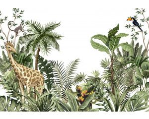 Safari dieren en botanische planten in een tropische jungle setting, fotobehang dat avontuur en natuur combineert.